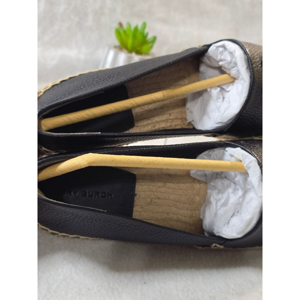 Tory Burch Espadrilles Leather Black Logo Slip On Loafers Shoes Size 8.5 - Picture 3 of 14